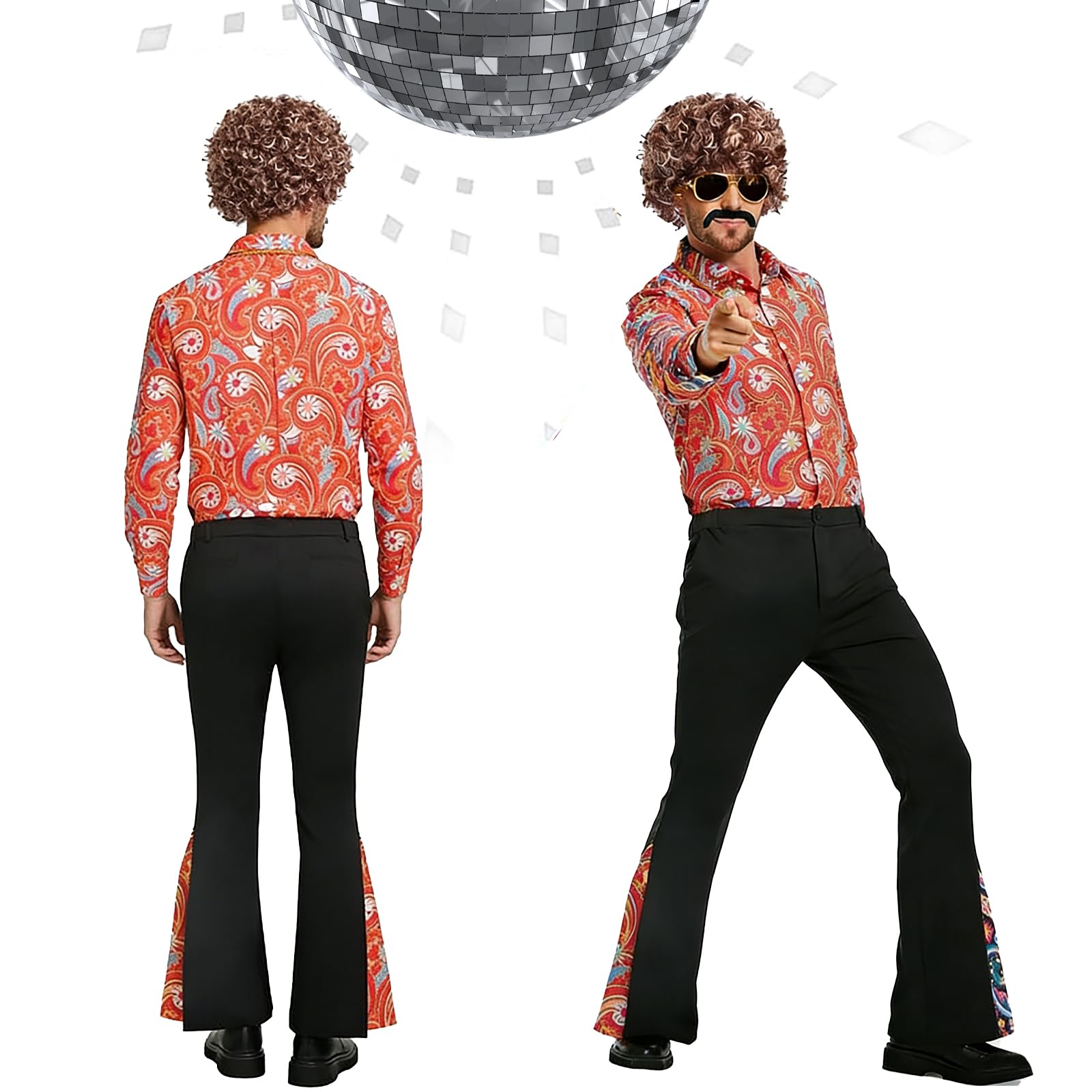 Kostium Męski Lata 70., 7-częściowy Strój Disco i Hippie dla Dorosłych, Przebranie na Karnawał i Halloween z Peruką, Koszulą, Spodniami Dzwonami i Akcesoriami