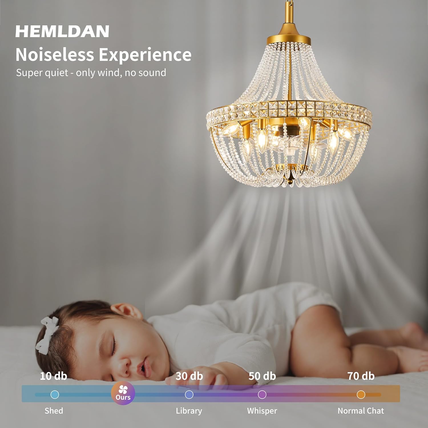 20 inch Chandelier Fan, Luxury Crystal Ceiling Fan with Lights, Remote/APP Controlled, 7 Blades Invisible Fan for Bedoom, Dining Room, (Gold, 20" Luxurious Style)