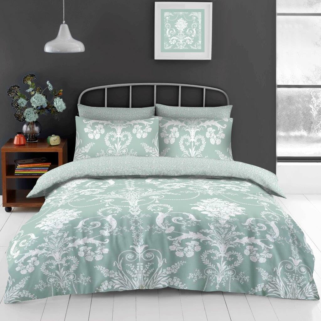 Artistic Fashionista Limited Easy Care Cotton Rich Printed Reversible Complete Bedding Set, Duvet Quilt Cover with Matching Fitted sheet & Pillowcases Bed Linen Set (Pemberton Duck Egg, Double)