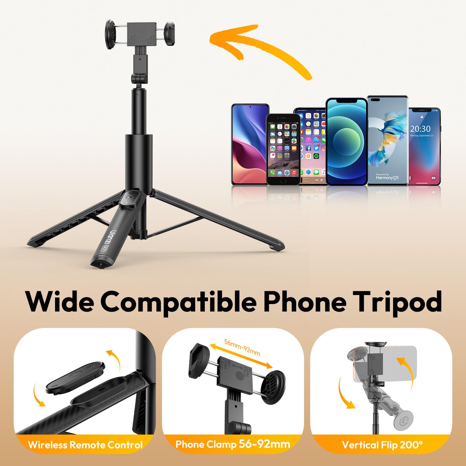 ULANZI SK27 Trepiede per cellulari 154 cm con Clip Smartphone 56-92 mm, Telecomando 10 m, Testa a sfera360°, 8 Sezioni Alluminio, Asta per selfie per iPhone/Samsung/Huawei, Vlog, Live Streaming