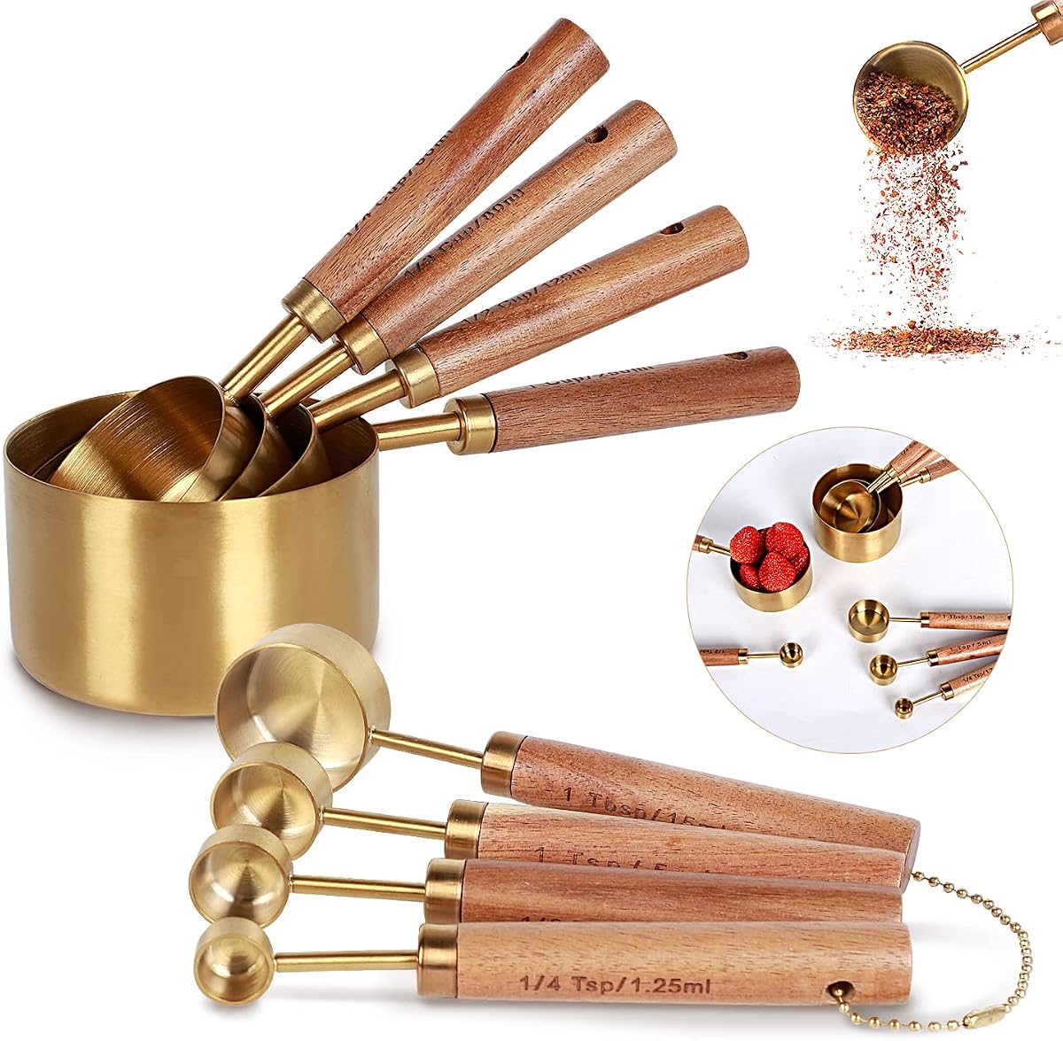 Colección Juego de 8 tazas medidoras y cucharas medidoras doradas, doradas con mangos de madera fragantes: juego completo de tazas y cucharas medidoras para cocinar y hornear....