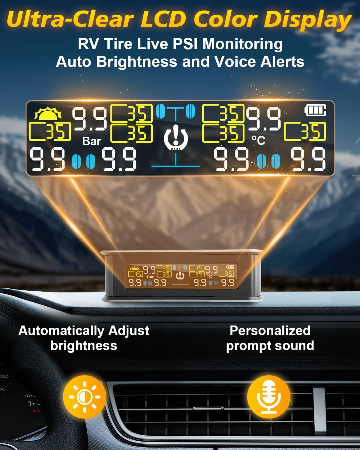 RV Tire Pressure Monitoring System With Solar Charge And USB, Tire Pressure Monitor 6 Sensors and 6 Alarm Modes Real-time Color LCD Display Wireless TPMS for RV Dually Trucks Heavy-Duty Trailer