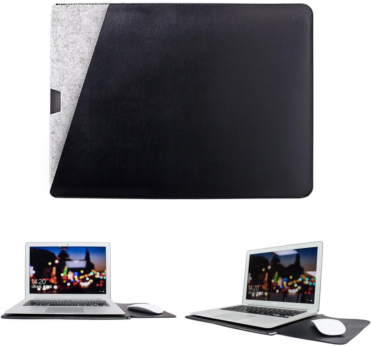 WALNEW 13-Inch Laptop Sleeve Case Bag for 13 Inch MacBook Air 2010-2017 & MacBook Pro 2012-2015, Soft PU Leather MacBook Cover with Built-in Mouse Pad and Dual Pockets, Black