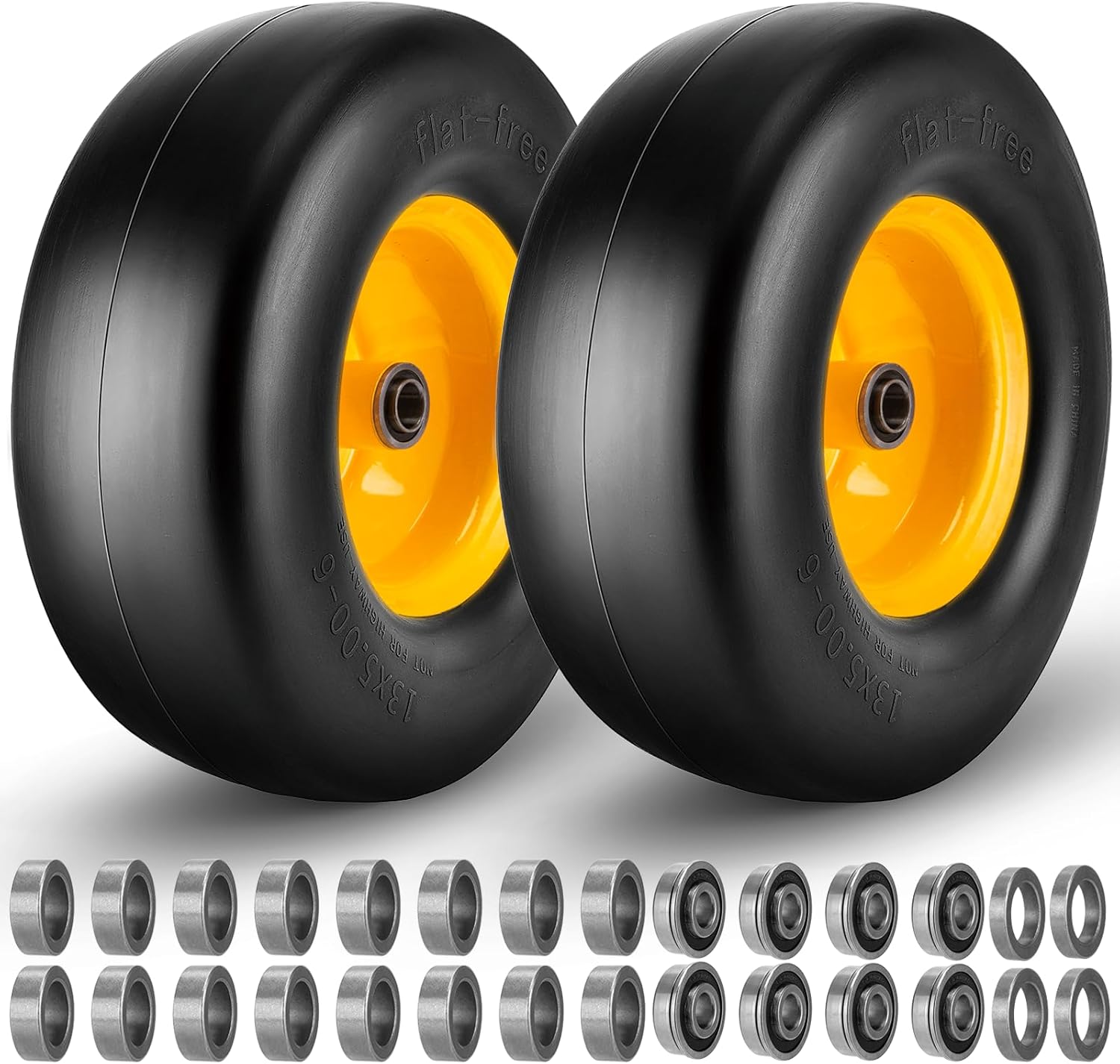 13x5.00-6 Flat Free Tire and Wheel Lawn Mower Tires, 13x5.0-6 Zero Turn Mower Front Solid Tires with 3/4" 5/8" 1/2"Precision Bearings, 3.25"-6.9" Centered Hub for Riding Lawn Mower