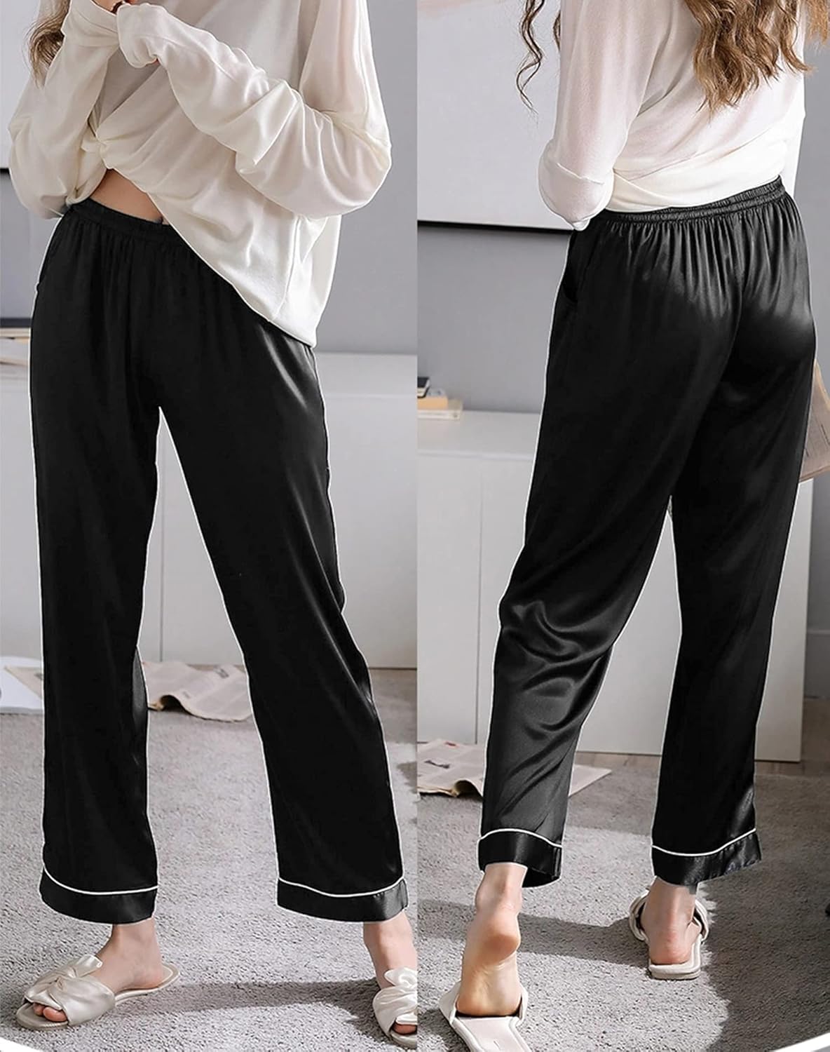 SWOMOG Women's Silk Satin Pants Wide Leg Pajama Bottoms Palazzo Lounge Pants Casual Loose Trousers Pj with Pockets - Image 3