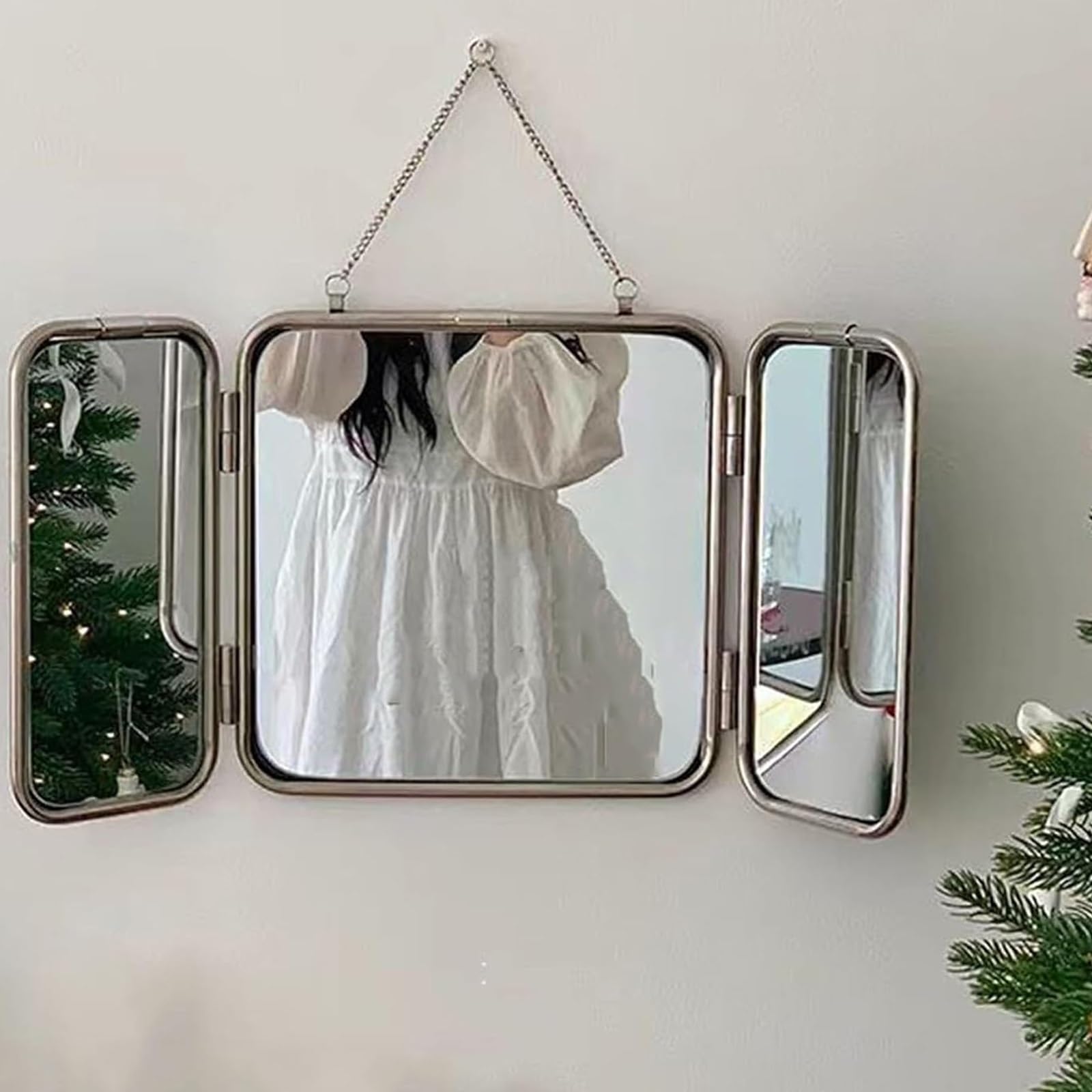Miroir Carré Pliable De 30cm, Mural Miroir 3 Faces，Moderne avec Cadre Et Chaîne en Acier Inoxydable, Décoratif À Suspendre，Haute Définition