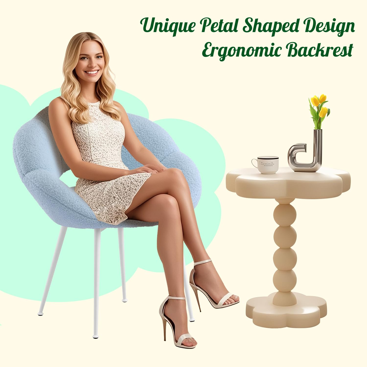 Sedia da toeletta in tessuto Teddy, poltrona relax a forma di fiore, gambe bianche, poltrona con imbottitura di lusso per soggiorno, camera da letto, balcone, studio (azzurro)