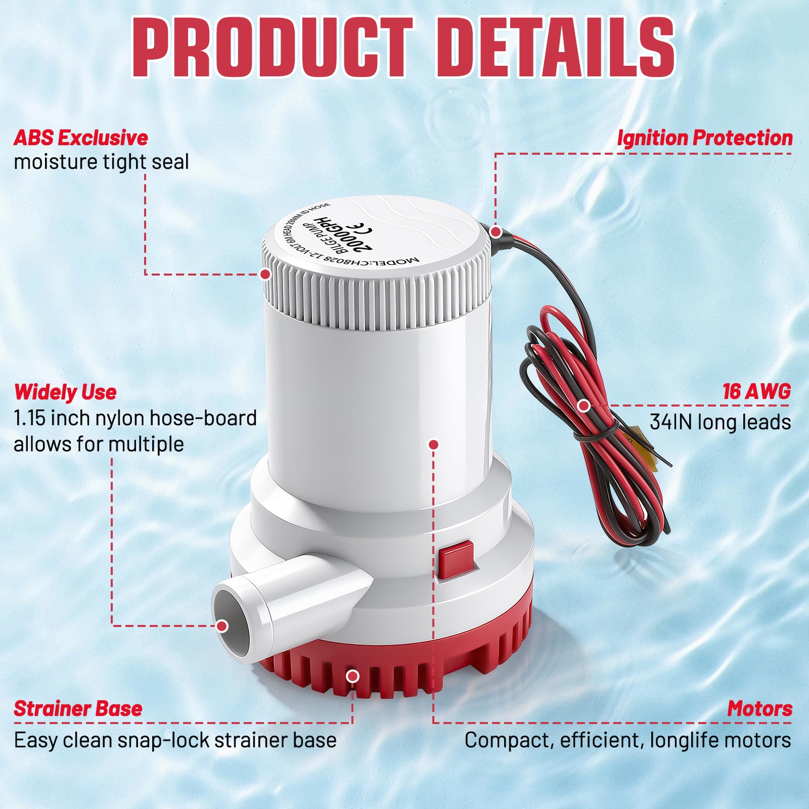 Bomba de Achique 12V 2000GPH, Bomba de Cuña Eléctrica de Barcos, Bomba de Agua de Sentina 29mm(1-1/8") Sumergible, Bomba de Agua Sumergible para Barcos, Yates, Caravanas y Jardines