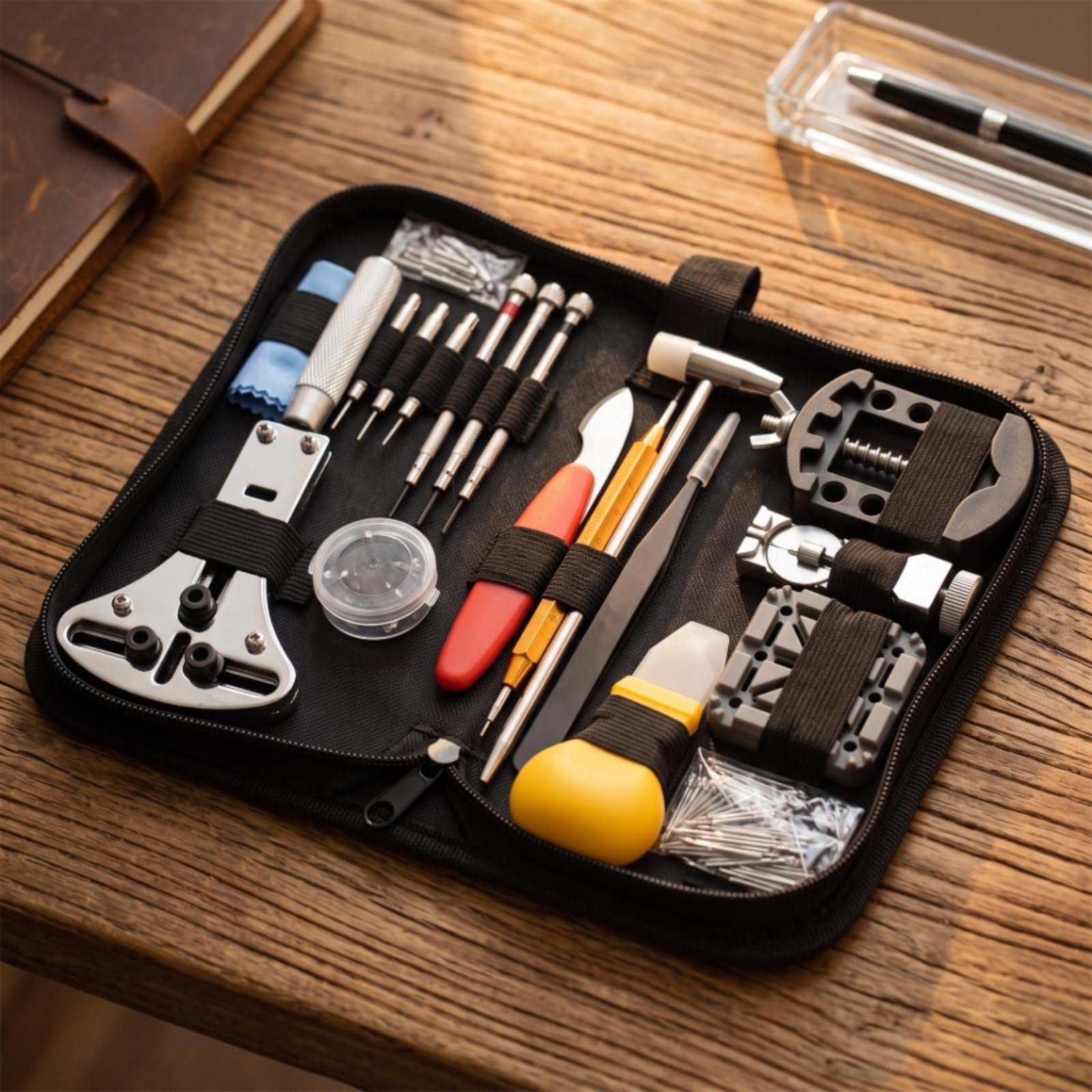 MERIGLARE Outils de Réparation Montre Trousse Organisée Kit Matériel Accessoires Acier Inoxydable avec Ouvre‑Fond Chasse‑goupille Tournevis Pinces Poches sur