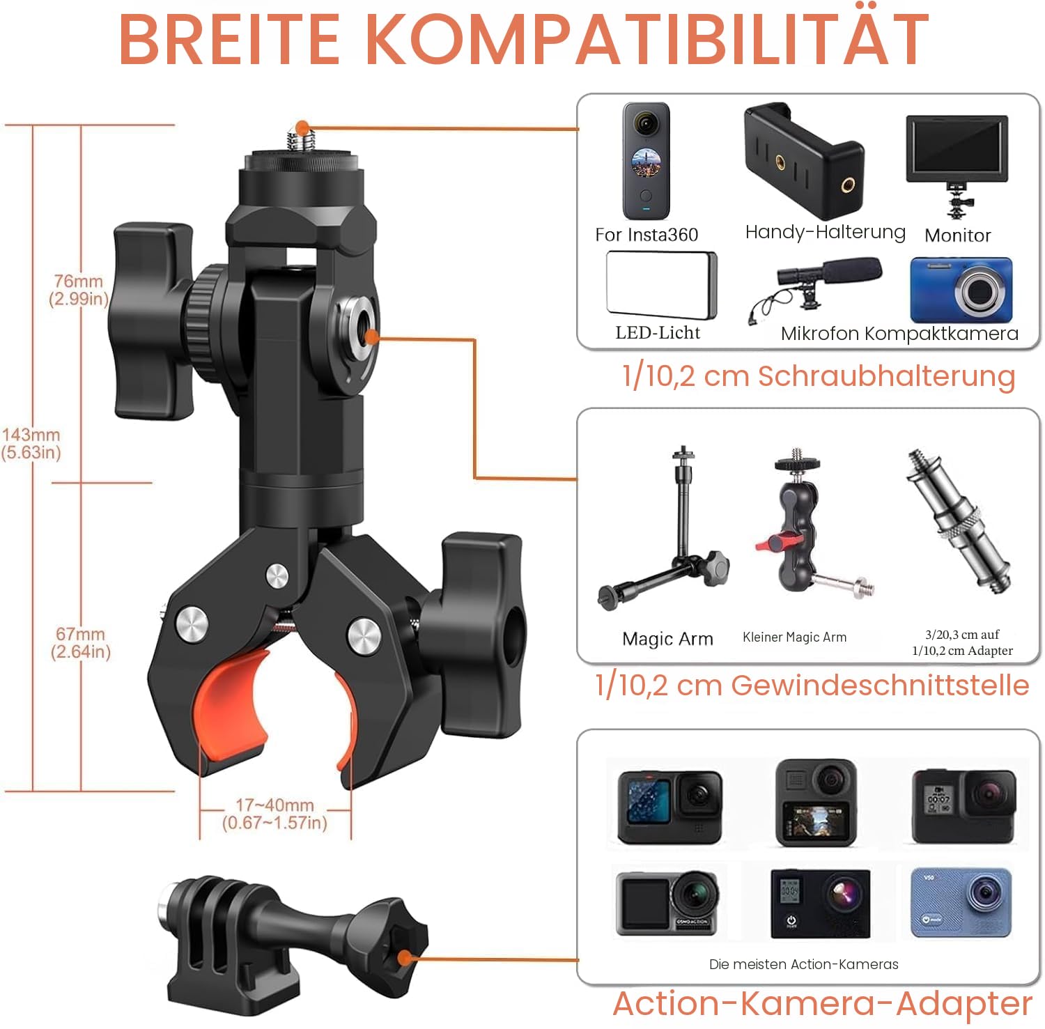 UNSTINCER Fahrrad Motorrad Lenker Kamera Halterung Schwerlast Klemme, Super Clamp mit 1/4 Gewinde und Action Cam Adapter, Selfie Stick Mount für Gopro Insta360 X5 DJI Akaso DSLR Monitor Stativ