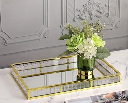 Bandeja de acrílico, bandeja decorativa de 14 pulgadas con parte inferior de espejo, bandejas de perfume contemporáneas para tocador, bandeja dorada