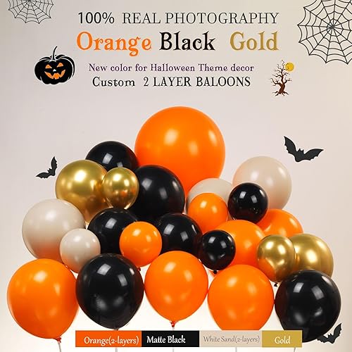 Miniatura 2 de Kit de guirnalda de globos de doble relleno de Halloween, 116 piezas, naranja quemado, arena, blanco, negro y dorado, arco de globos de goma para