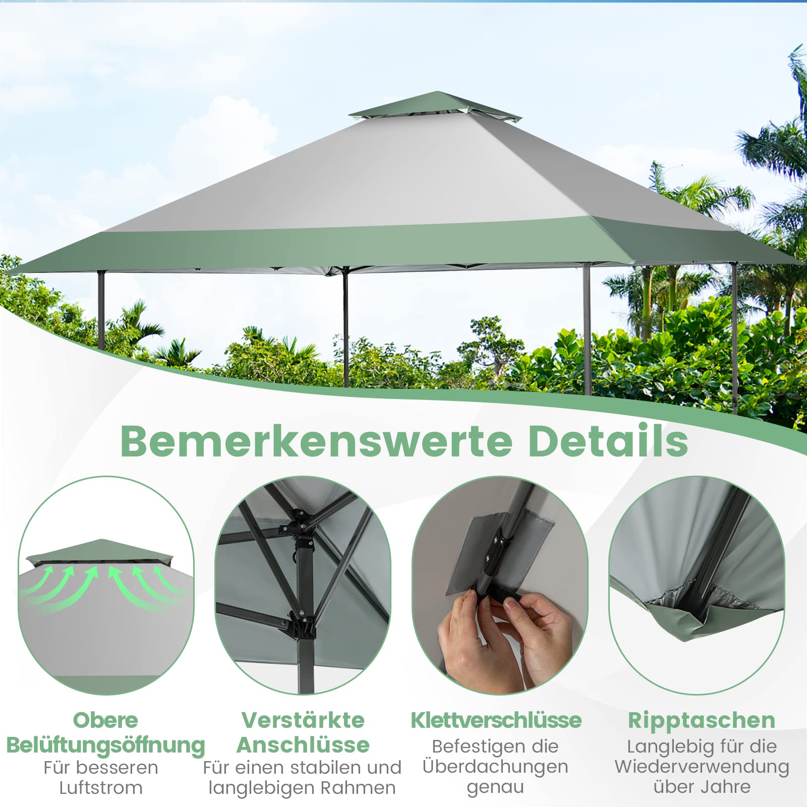 COSTWAY Pop-up paviljoen, 4 x 4 m, tuinpaviljoen, in hoogte verstelbaar met dubbel dak en metalen frame, waterdicht en stabiel, vouwpaviljoen incl. draagtas, tuintent, partytent voor terras, tuin