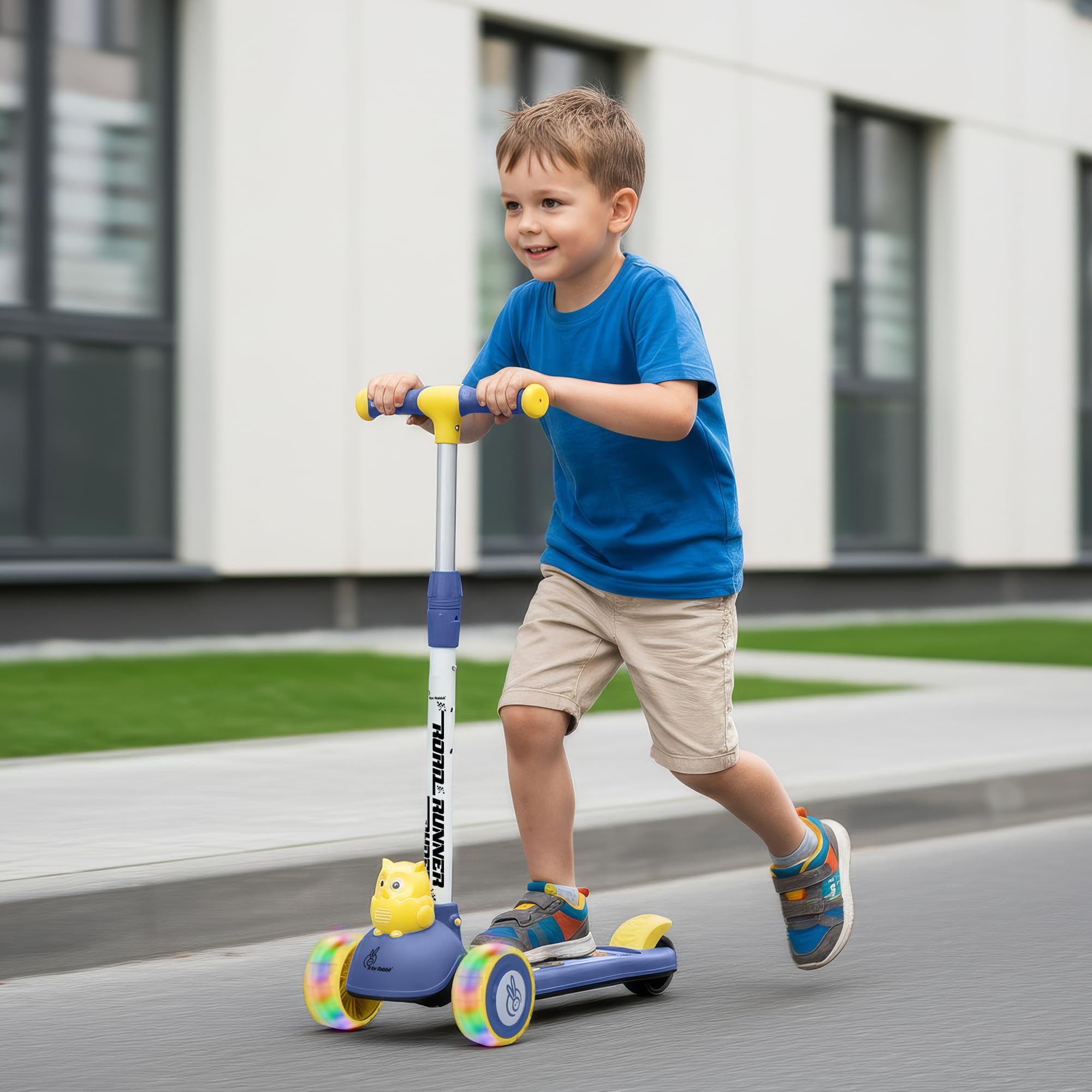 R for Rabbit Road Runner Ryder Kids Scooter, 3 Level Adjustable Height Wide Deck & PU LED Wheels Kick Scooter with Brake for 3+ Years Kids, Weight Capacity Upto 50kgs (Blue Yellow)