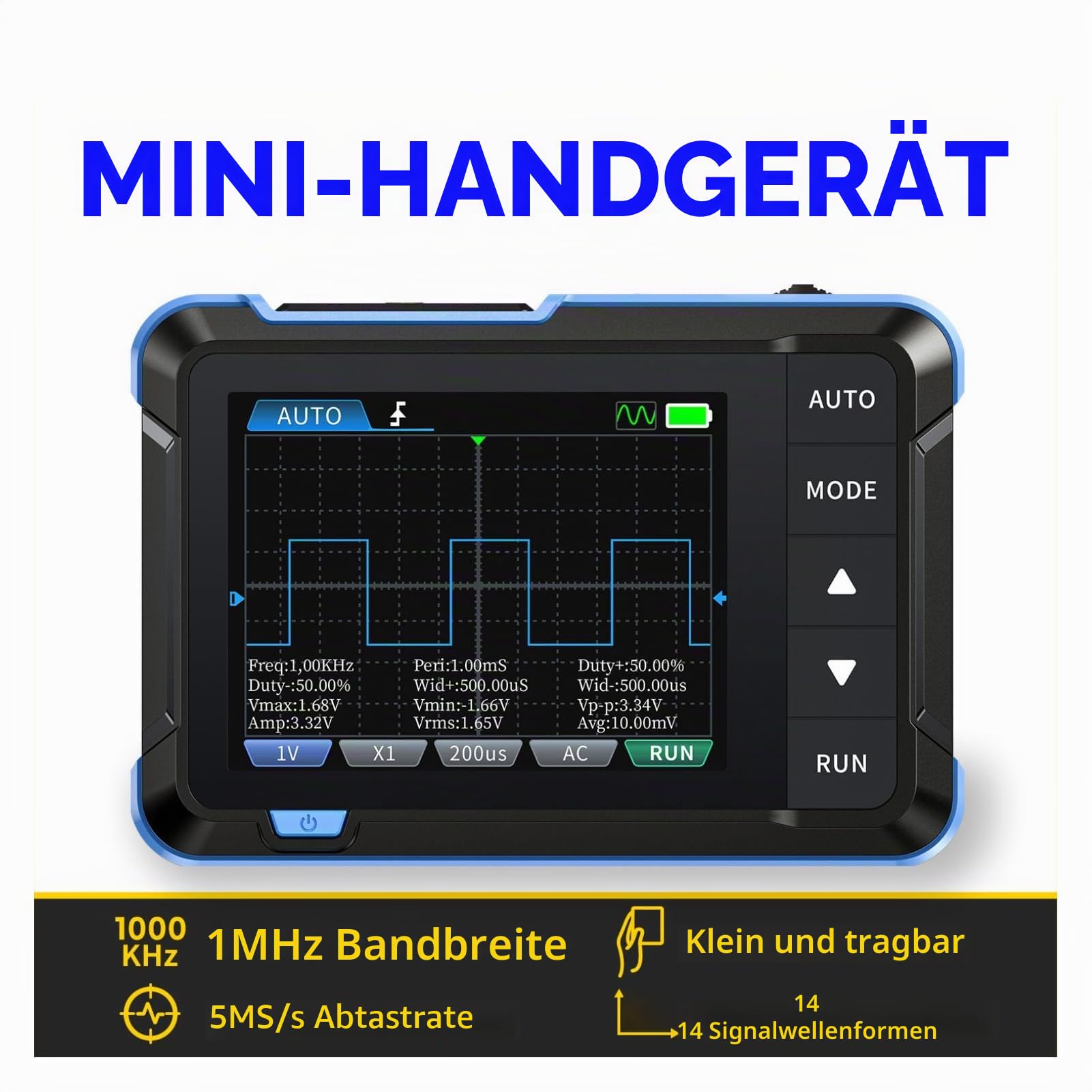 Handoszilloskop, Tragbares Digitales Oszilloskop-Multimeter mit 2 Kanälen, Professionelles Kfz-Oszilloskop mit 1 MHz Bandbreite, 5,0 MS/s Abtastrate und 2,8-Zoll-TFT-LCD-Display