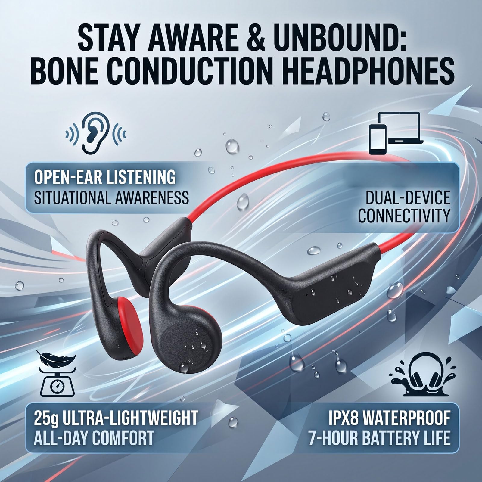 Cuffie a Conduzione Ossea, Bluetooth 5.4 Impermeabili (rosso)