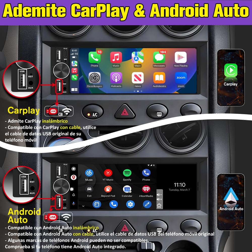 AWESAFE Radio de Coche 1 DIN Universal con Carplay y Android Auto Inalámbrico, Autoradio 1 DIN con Pantalla Táctil de 6.36 Pulgadas y Cámara Trasera, Soporta Bluetooth/Mandos Volante/FM/Double USB