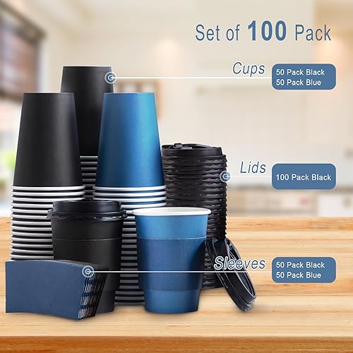 Miniatura 8 de SIUQ Paquete de 100 tazas de café de 12 onzas con tapas, tazas de café de papel desechables con fundas para bebidas calientes/frías, fiestas