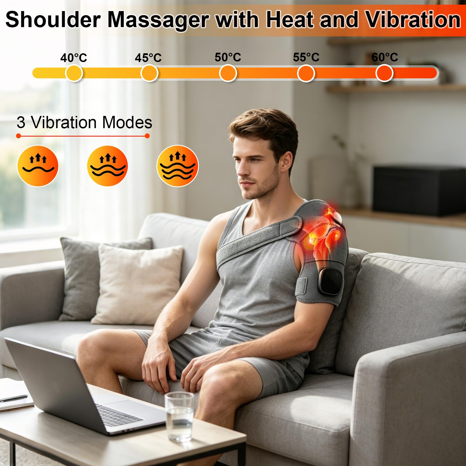 Schultermassagegerät,Nacken Schulter Massagegerät Gerät mit Vibration und Wärme,Kabellose Schultermassageauflage mit LCD Touchpanel für Zuhause und Büro,Beheizte Schulterbandage für Damen und Herren