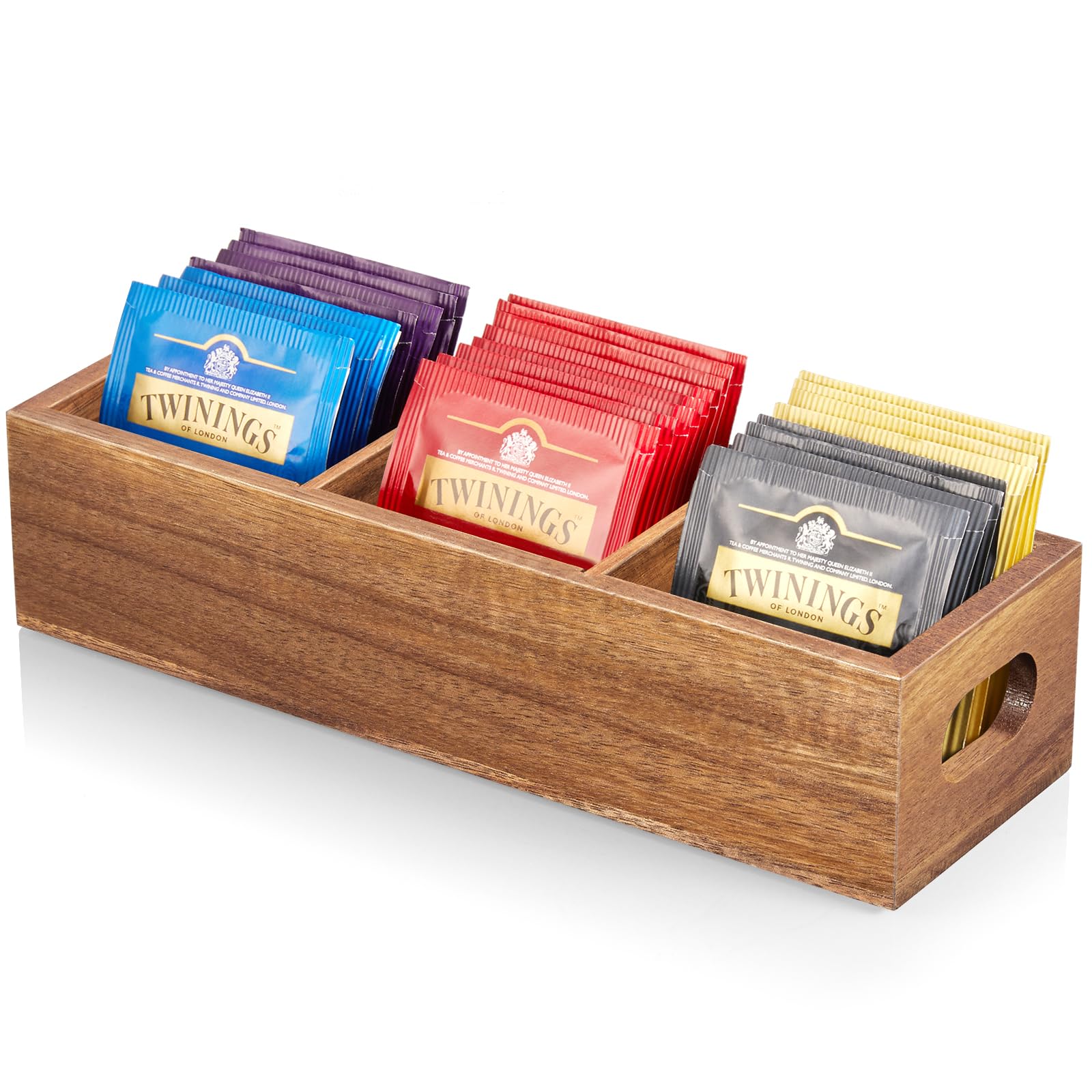 Tea Bag Organizer, Acacia Tea Bag Holder, Tea Storage Containers with 3 Slots, Wooden Sugar Packet Holder, Mini Tea Bag Caddy Box for Countertop