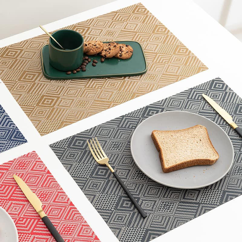 Image of YELONA Placemats Set of 6, Heat-Resistant Woven Vinyl Table Mats, Non-Slip & Washable Dining Tablemats for Kitchen & Dinner Decor, Blue & White (45cm x 30cm)