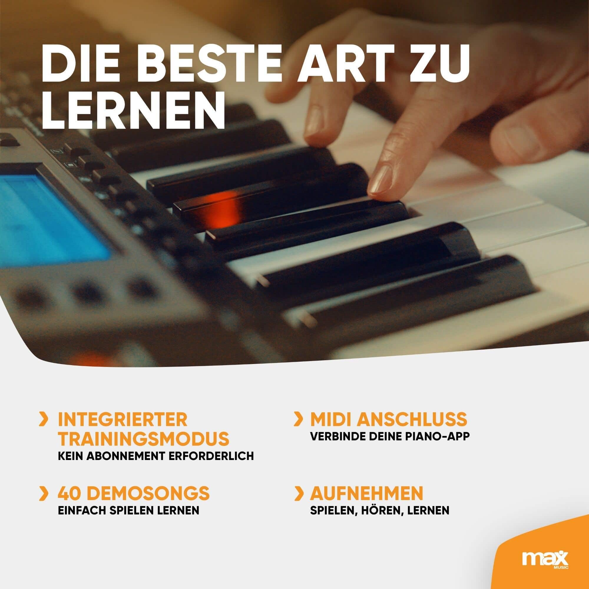 MAX Rhapsody61M Teclado Piano eléctrico de 61 teclas, con auriculares, soporte para teclado y banqueta, 600 sonidos, respuesta táctil, MP3 USB, pantalla, función de aprendizaje, MIDI y AUX