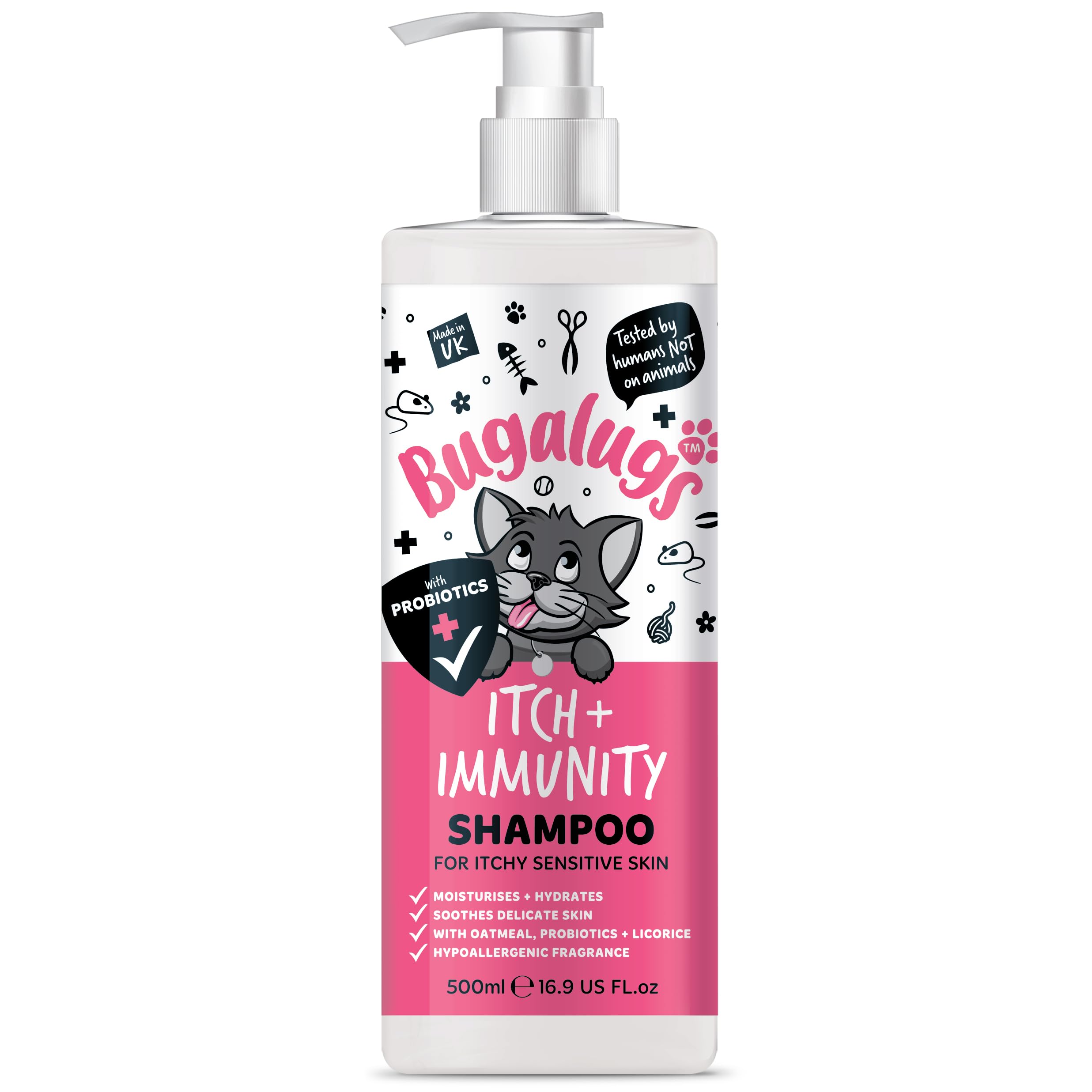 Bugalugs Itch & Immunity Cat Shampoo for Itchy Skin sensitive skin with Probiotics for cats - kitten shampoo and cat shampoo for indoor cats for sensitive skin (Shampoo 500ml)