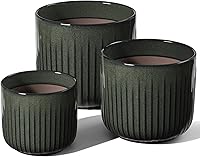 LETAUCI Fluted Ceramic Plant Pots Set of 3, 8.3/7/6 Inch Dark Olive Indoor Planters with Drainage Holes & Mesh for Succulents, Snake Plants