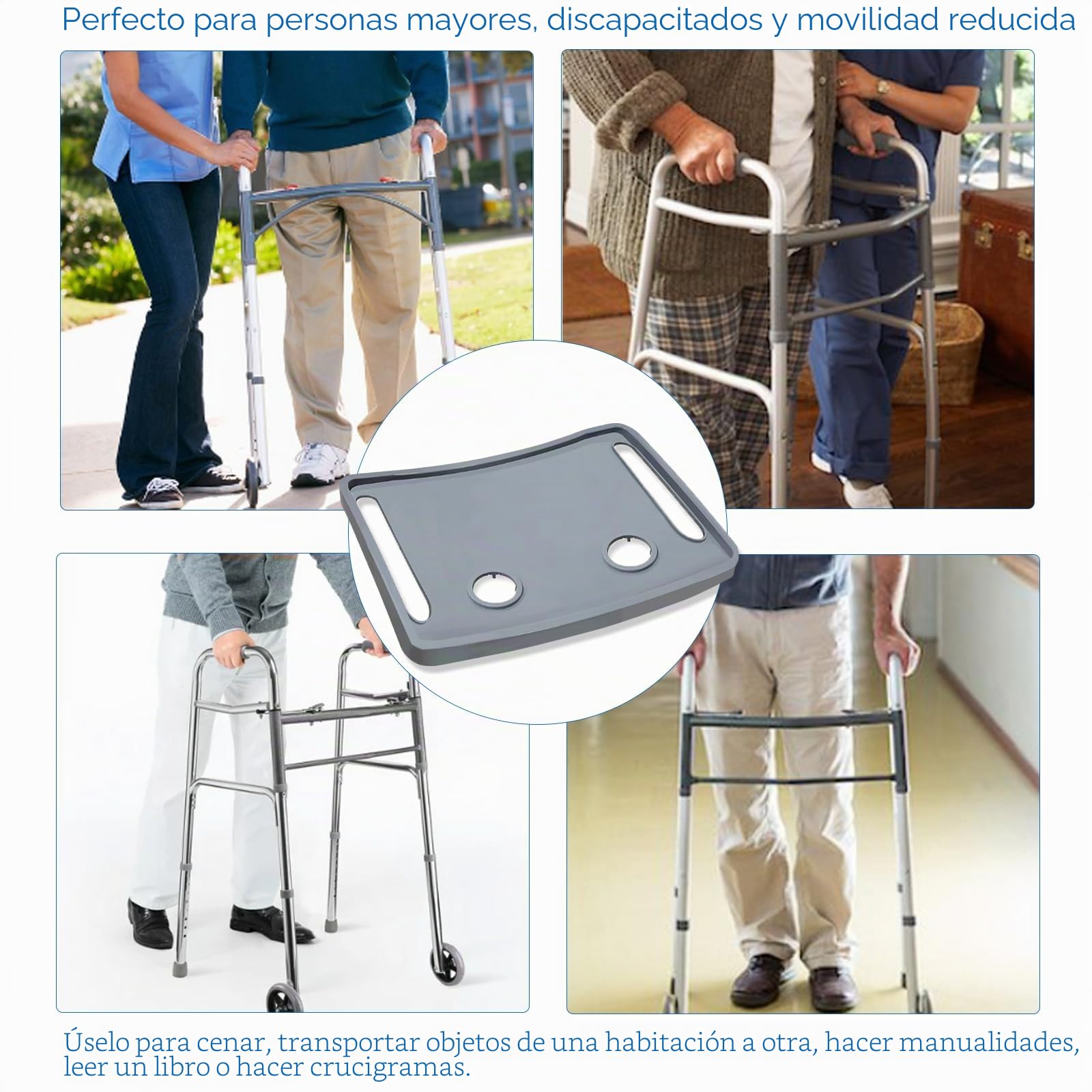 Bandeja de andador universal - guardapiernas plegables (16-19 pulgadas de ancho) para andadores y andadores, superficie antideslizante con portavasos, diseño fácil de agarrar para ancianos y discapa