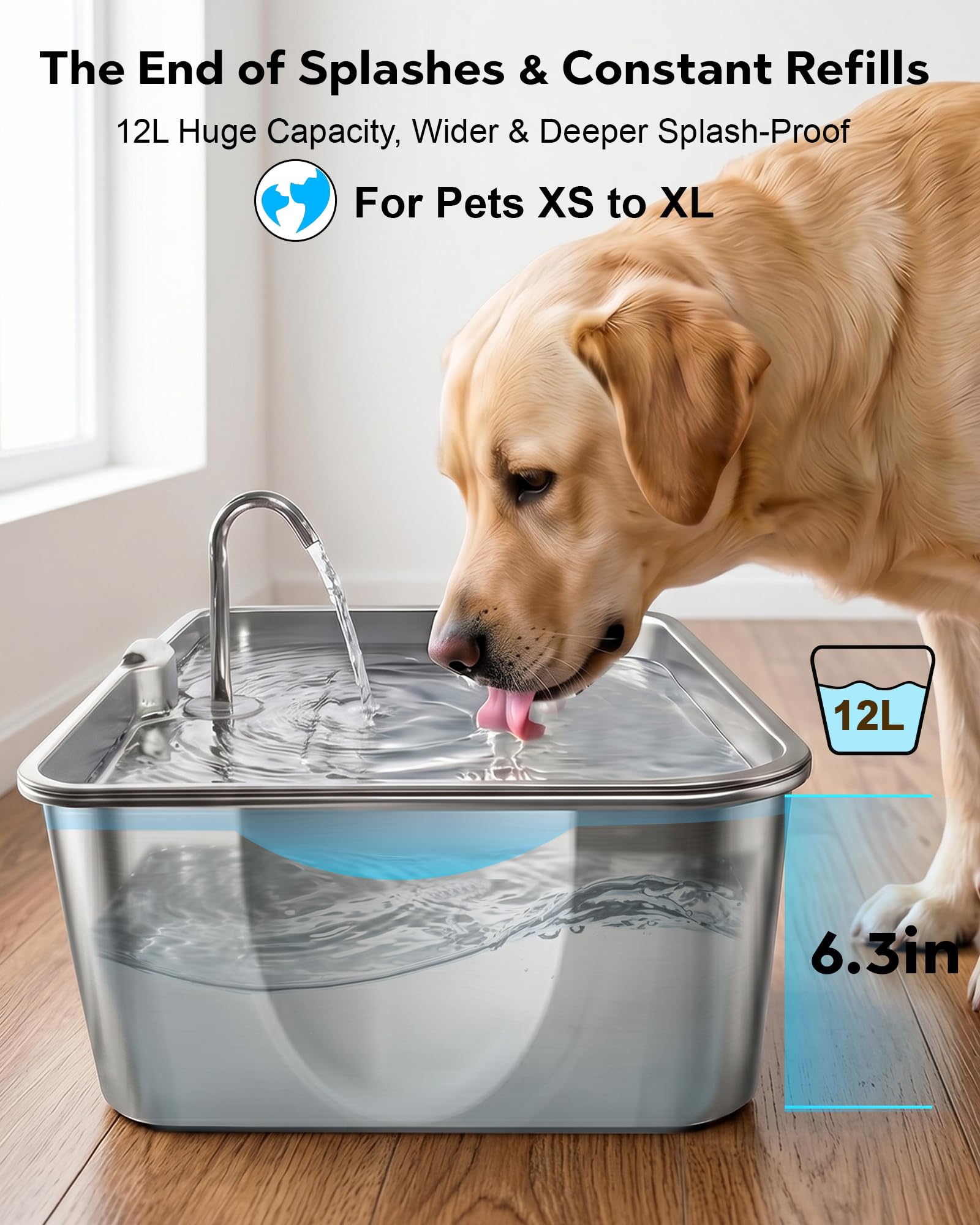 CEESC Fuente de agua para perros de acero inoxidable de 12L/3.2 galones con asas fáciles de transportar, dispensador automático de agua para mascotas con ventana visible y luz LED para perros grandes