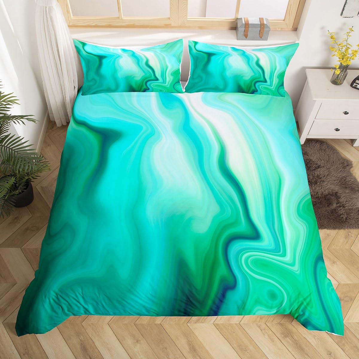 Loussiesd Abstract Marble Duvet Cover Set Kids Teens Mix Of White and Green Texture Liquid Bedding Set with 1 Pillowcase 2Pcs Bedding Junior/Cot Bed Boys