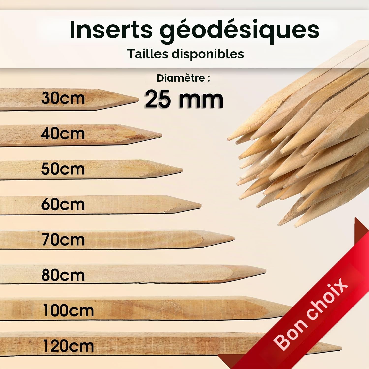 tiges en bois de hêtre, poteaux en bois - Support pour plantes idéal pour les poteaux de clôture, travaux de jardinage et DIY - Tiges de plantation robustes - Piquets en bois de 25 mm de