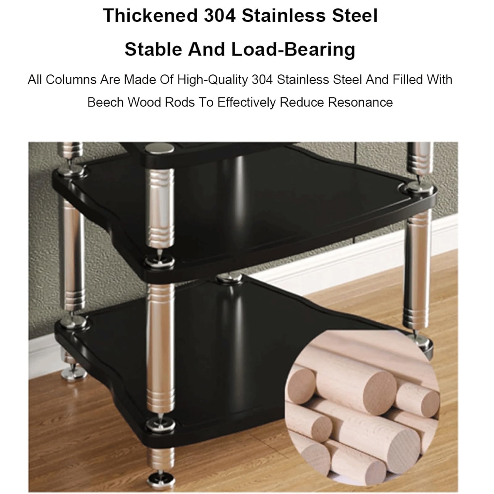 Edelstahl-O-Rack, 2-stöckig, HiFi-Ständer, mit stoßdämpfenden Füßen, offenes Holzdesign für O Equint – modernes Ste-Regal für Heimkino