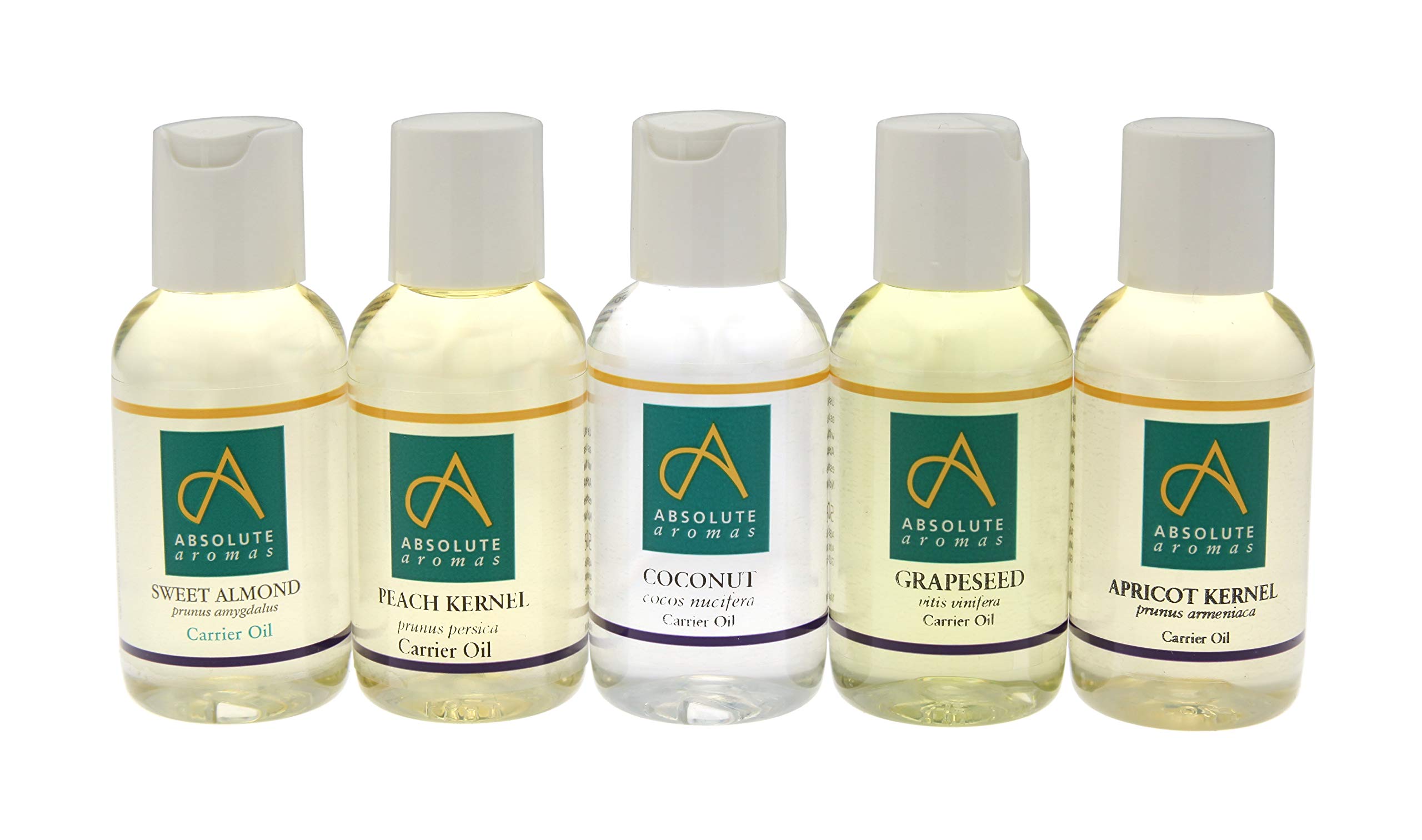 Absolute Aromas Carrier Oil Starter Pack (5x150ml) - 100% Pure and Natural Carrier Oils - Sweet Almond, Peach Kernel, Fractionated Coconut, Grapeseed and Apricot Kernel Oils
