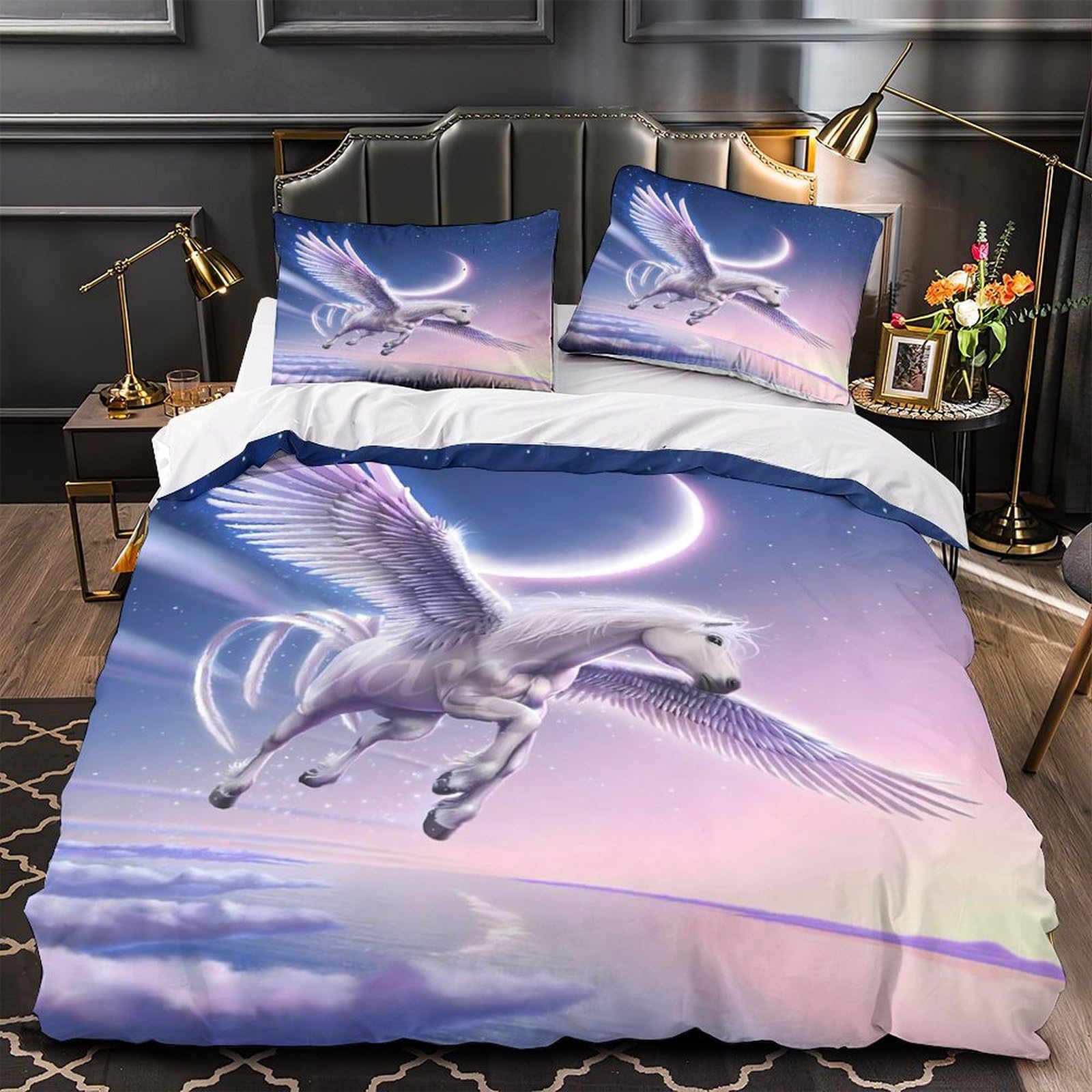 MMDASBVPE Pegasus Flying Duvet Cover 3D Design Printed Machine Washable 3 Pieces Bedding Set Zipper Quilt Cover Hotel Quality Hypoallergenic for Adults Kids Women Teens Youth Super king（260x220cm）