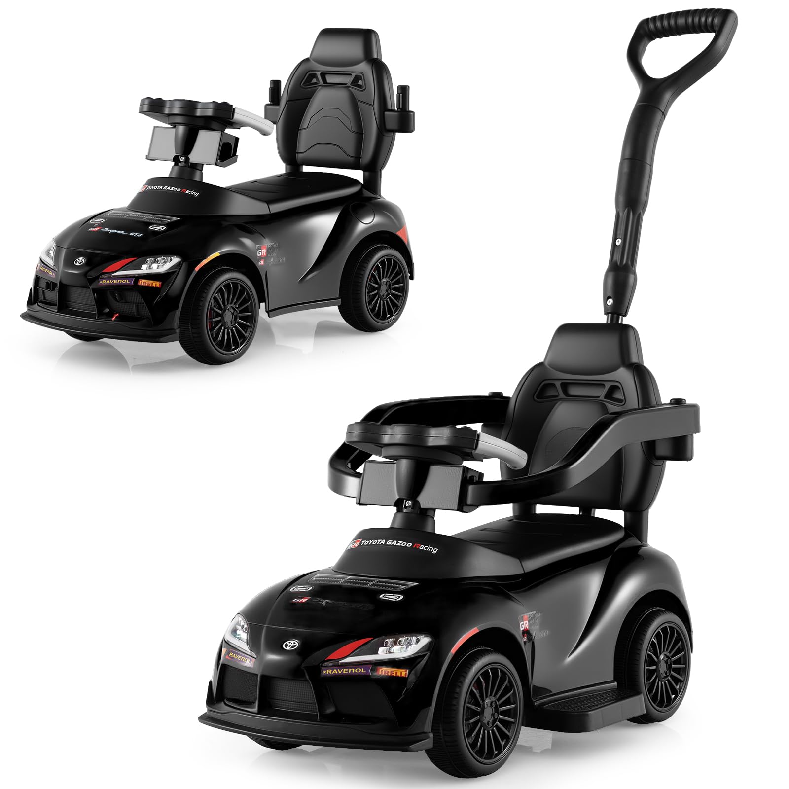 Licensed Toyota Ride on Push Car by OLAKIDS, 3 in 1 Toddlers Sliding Walking Toy with Parent Control Handle, Removable Guardrails, Underneath Storage (Black)