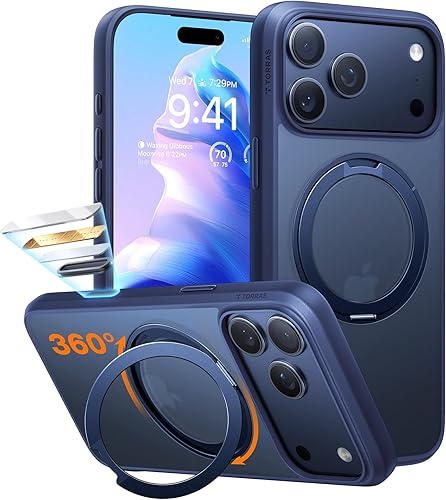 Miniatura 10 de TORRAS MoonClimber - Funda transparente diseñada para iPhone 14 Pro con soporte, soporte de metal, no amarillea, protección militar contra caídas de