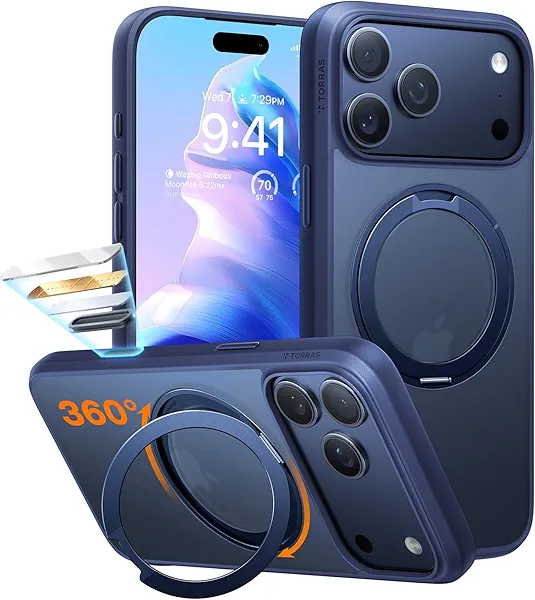 TORRAS Upgraded 360 Rotatable Magnetic Stand for iPhone 17 Pro Max Case, Fit for MagSafe with Ring, Mil-Grade Protection, Camera Control, Translucent Slim for iPhone 17 ProMax Case Ostand, Deep Blue