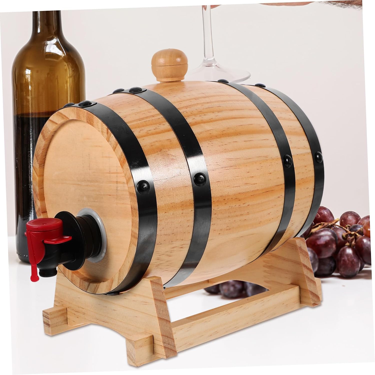 Mobestech Wooden Aging Barrel for Wine Whiskey and Rum 1L Red Wine Storage Barrel Stand Decorative Wooden Container for Home Bar