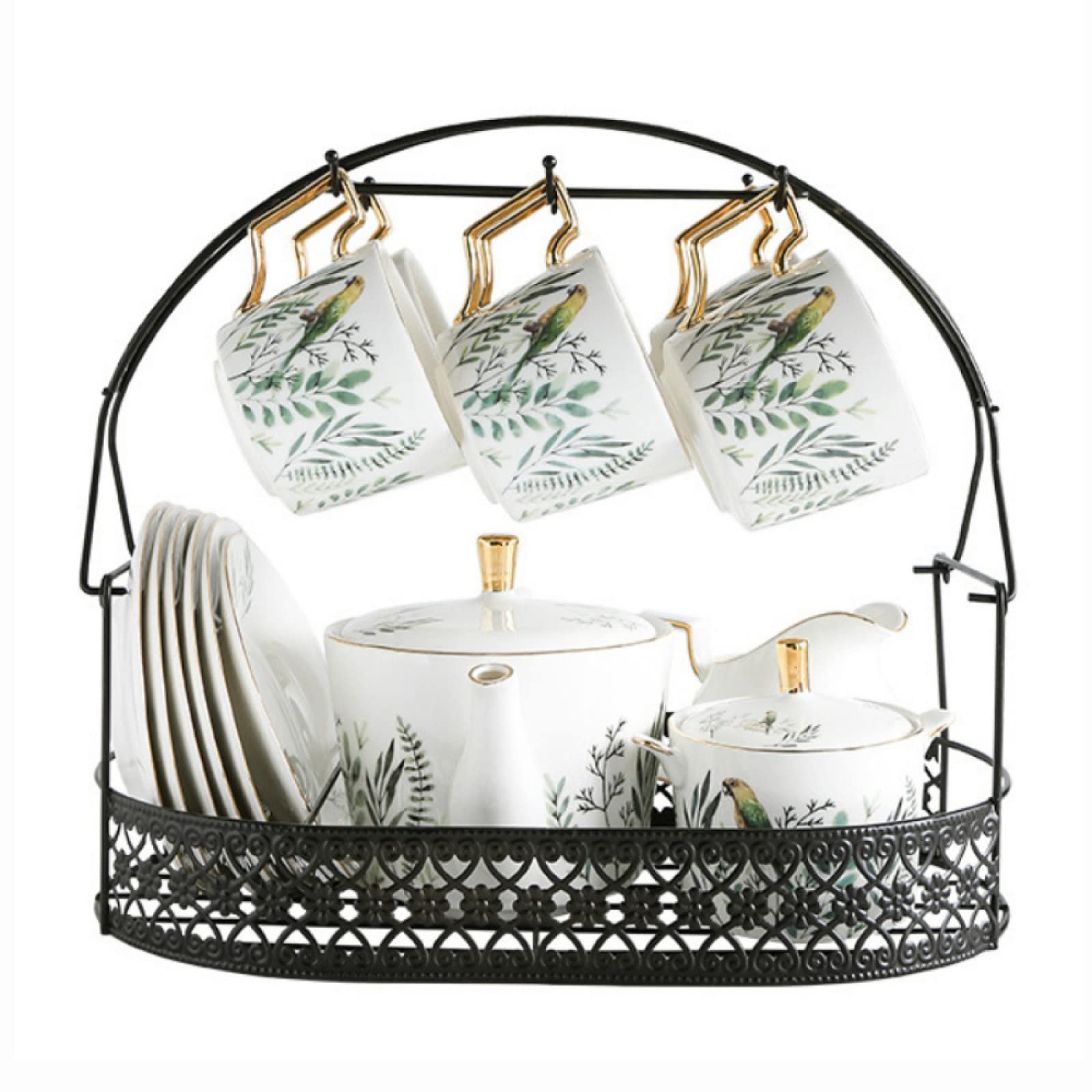 Juego de té con tetera, 15 piezas de cerámica para té y café con platillo y soporte de metal