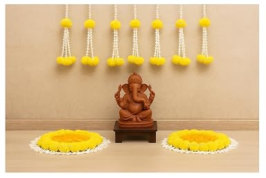 SPHINX Artificial Rajnigandha Strings with Fluffy Marigold Tassels | 2.33 ft Hanging Flower Garlands for Festive Decor, Ganpati, Pooja, Haldi, Diwali, Backdrop, Wedding, Door–12 Pcs (Offwhite-Yellow)