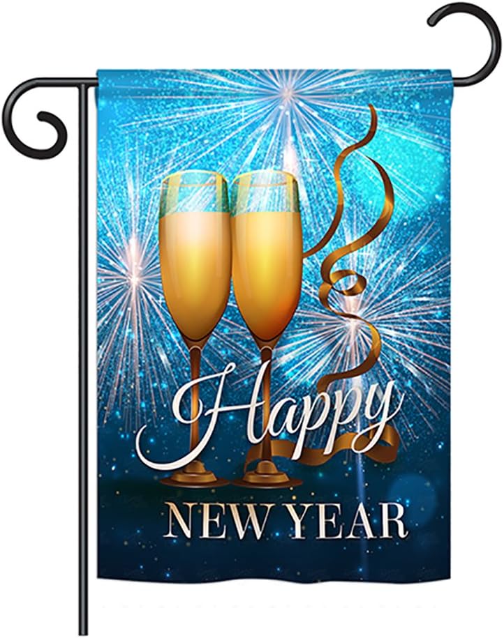 New Year Fireworks Garden House Flags Set Clock Countdown Champagne Party Celebrate Small Decorative Gift Yard Banner Double-Sided Made In USA 28 X 40