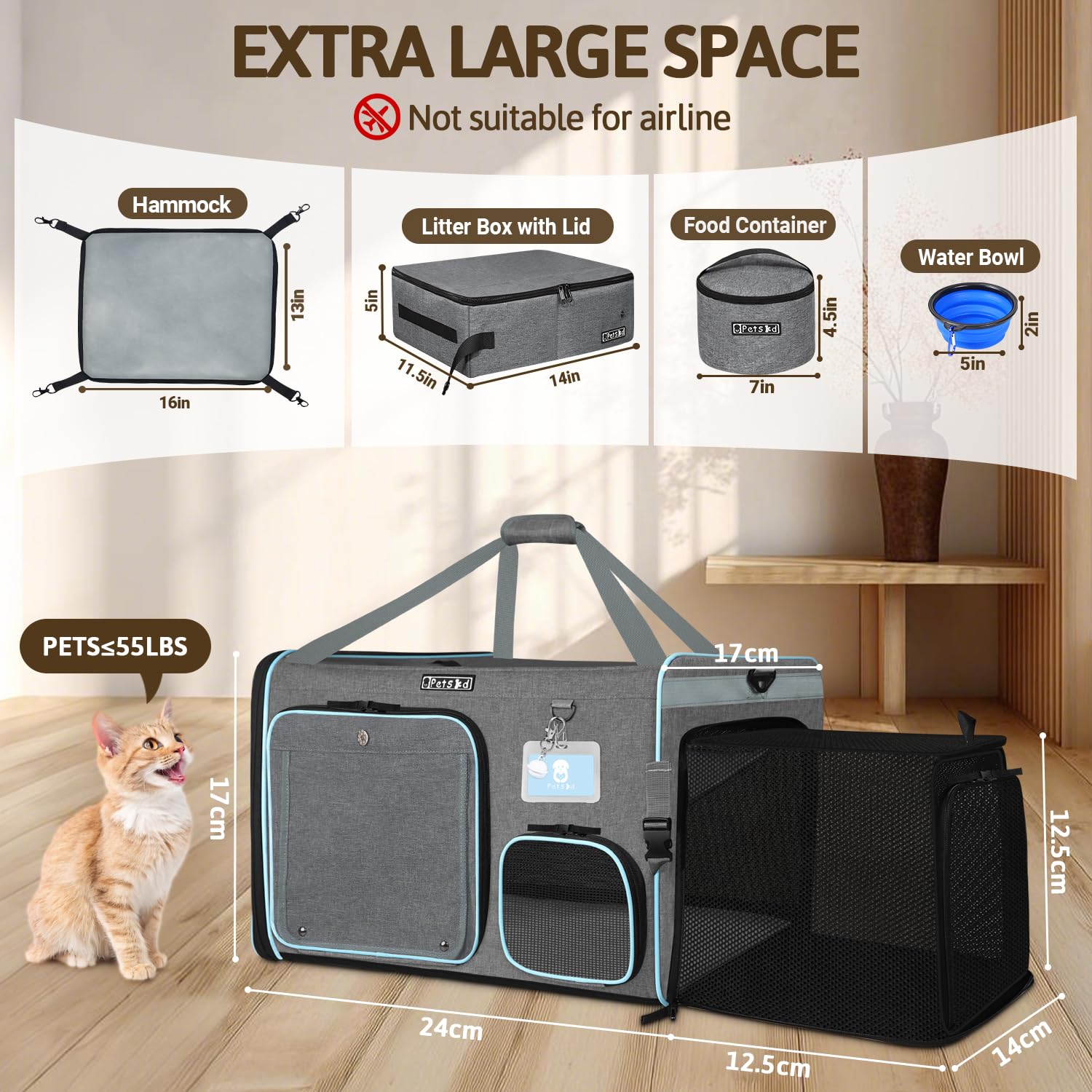Petskd Side Expandable Extra Large Cat Car Carrier with Collapsible Litter Box for Long Distance Travel,24"x17"x17" Portable Soft Sided Pet Carrier with Roller Shades for 2 Cats Up to 55LBS(Grey) - image 2