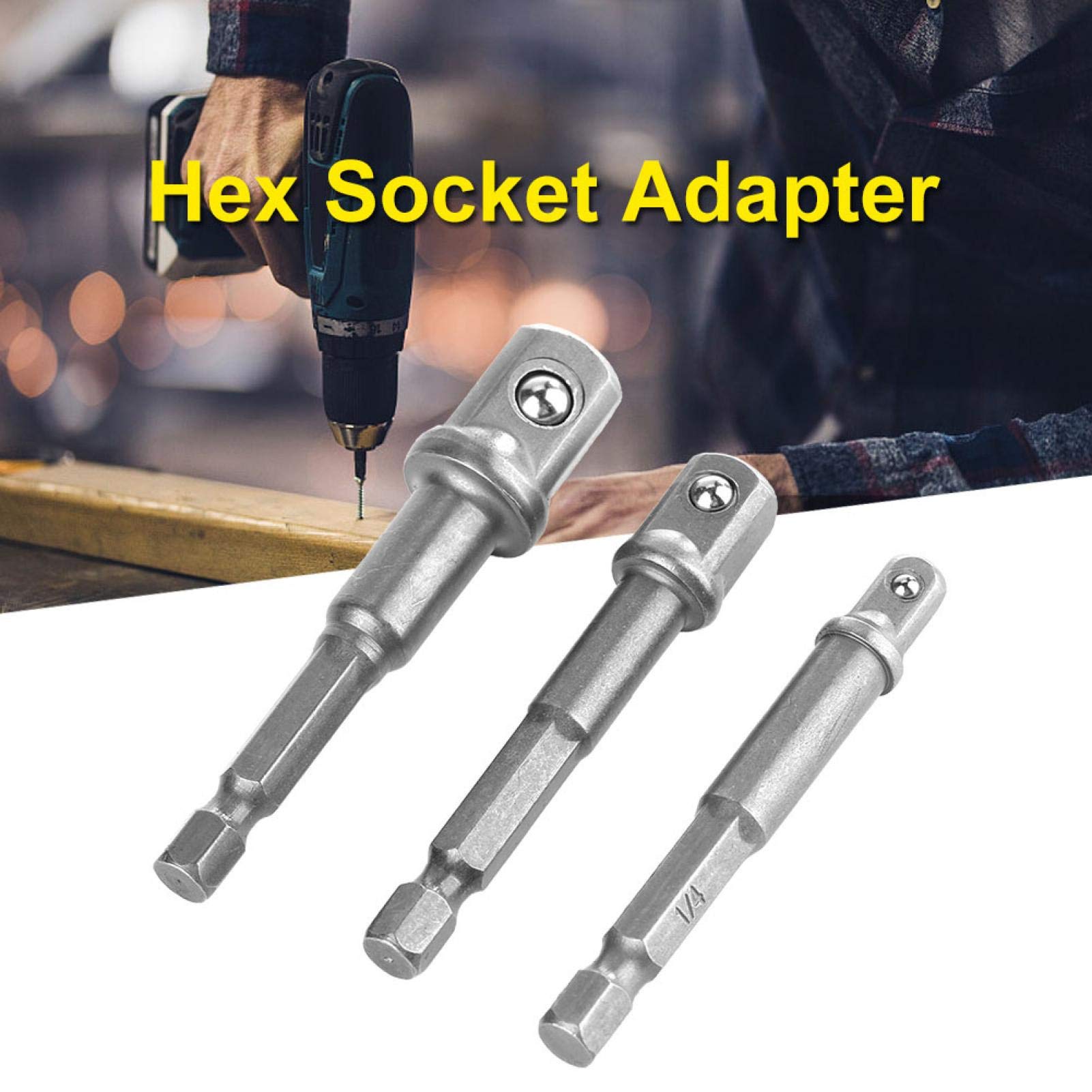 Llave de Vaso para Taladro eléctrico, 3 Piezas de vástago Hexagonal de 1/4" a Adaptador Cuadrado de 1/4" 3/8" 1/2" para Llave de Vaso para Taladro eléctrico