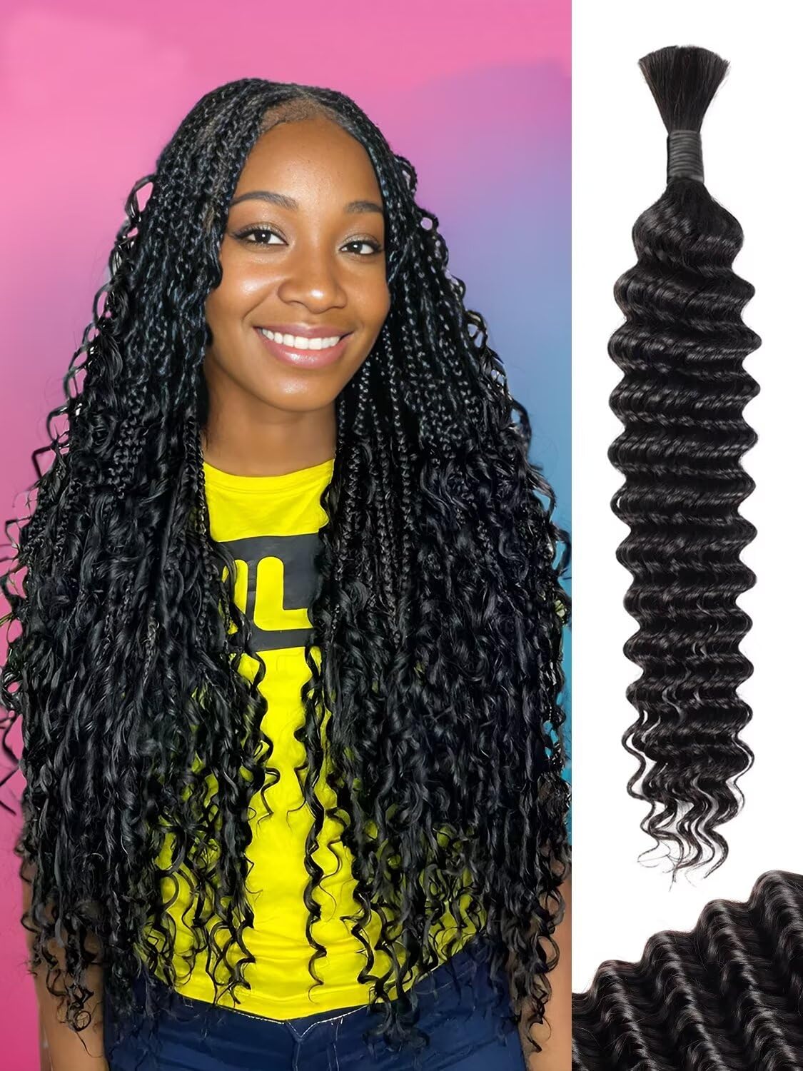 Human Braiding Hair 1 Bundle 50g 20 Inch Deep Water Wave Bulk Human Hair for Braiding No Weft 12A Brazilian Virgin Curly Human Hair Extensions for Boho Braids Wet and Wavy Human Hair Braiding Hair