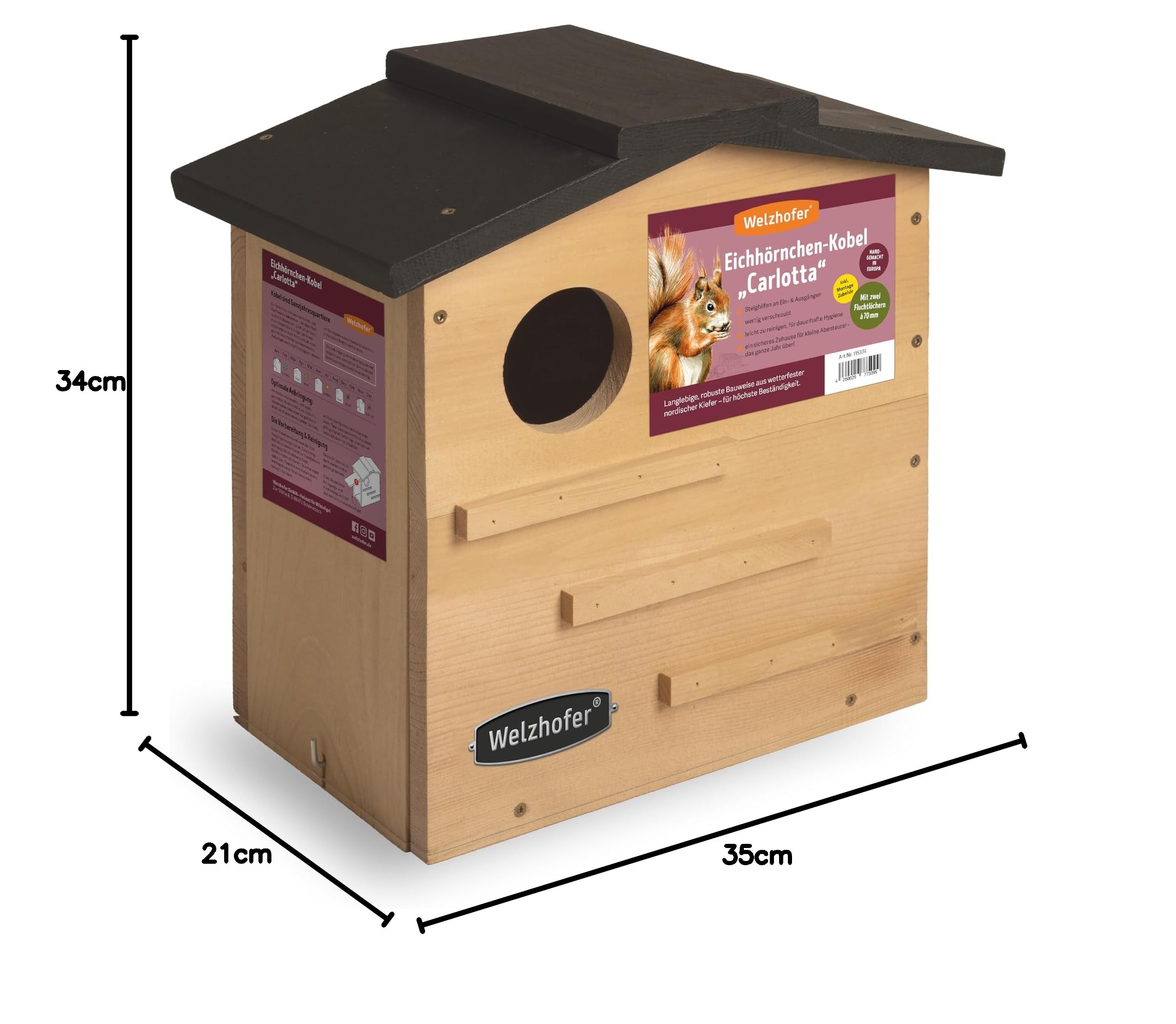 Eichhörnchen-Kobel Carlotta – wetterfestes Eichhörnchenhaus mit 2 EIN-/Ausgängen, Belüftung & Drainage – Nistkasten & Winterquartier zur sicheren Überwinterung im Naturgarten
