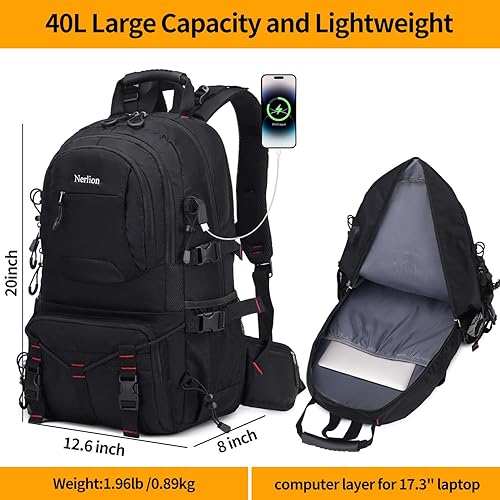 Miniatura 5 de Nerlion - Mochila de senderismo de 40 litros para hombres y mujeres, para campamento, impermeable, al aire libre, senderismo, mochila ligera (negro)