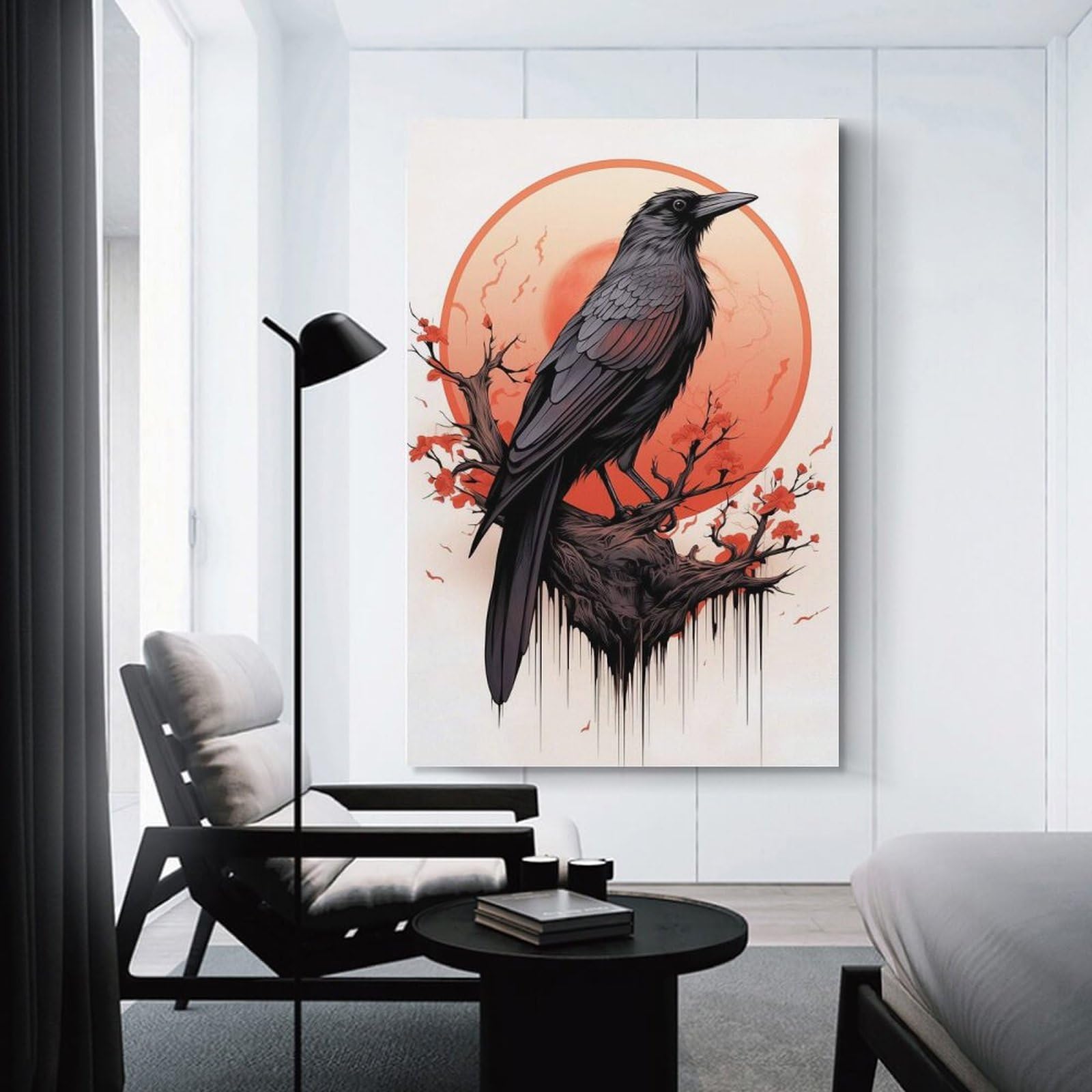 Junmoney Unframe-Style-17 Canvas Art Print Red Moon Raven Ink, 12X18inch(30X45cm), For Office, Study Or Home Workspace, Wall Art That Adds Style To Work Areas
