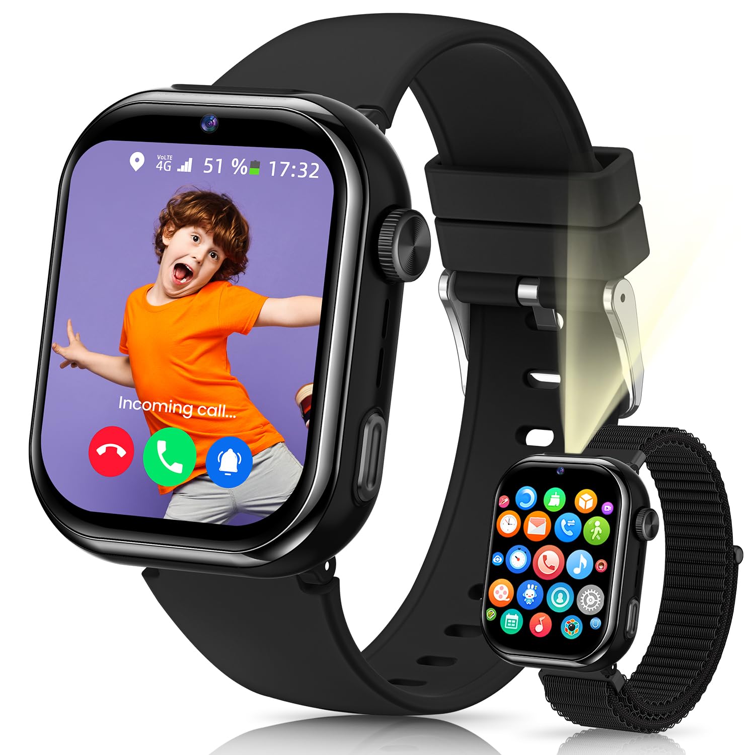 4G Reloj Inteligente Niño, IP68 Impermeable Smartwatch Niños con GPS y Llamadas, Doble Cámara, Videollamada, Chat de Voz, SOS, Modo Escuela, Linterna, Podómetro Reloj Inteligente Niñas y Niños Negro