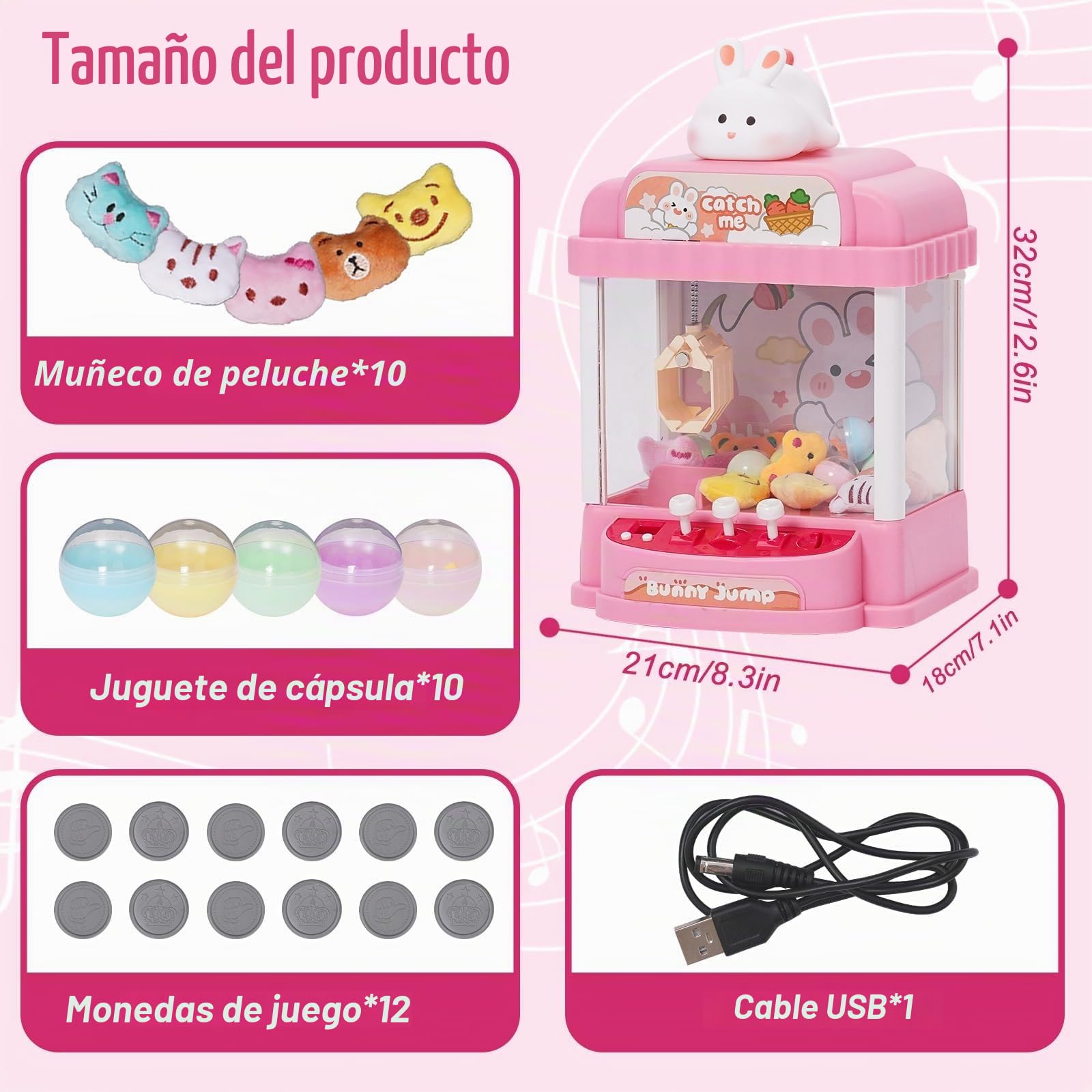 Máquina de Garra para Niños con 10 Peluches y 10 Gashapons Mini Candy Grabber Agarrador de Caramelos Máquina Expendedora de Garras Juegos Arcade Claw Machine Regalo de Cumpleaños para Niñas 3+ Años